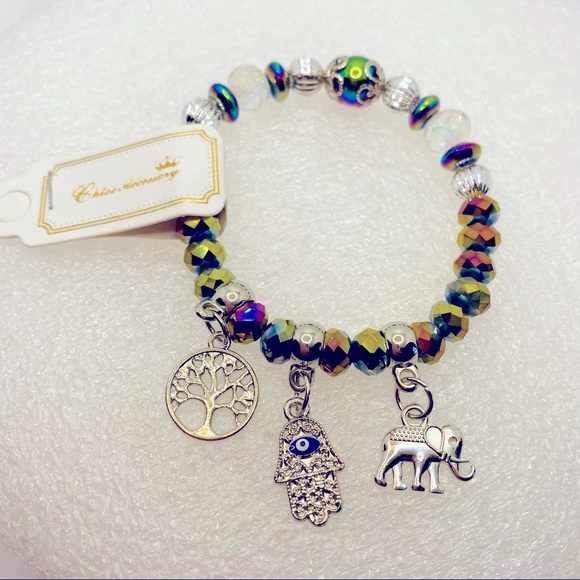 Bracelet Elephant Tree of Life Hamsa with iridescent Glass beads! Very B… - Picture 5 of 6